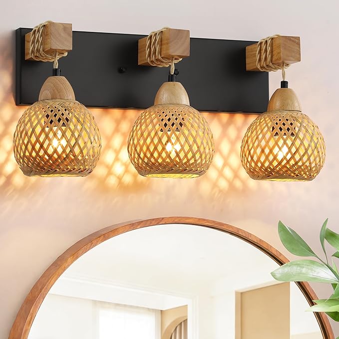 LmnLvn Farmhouse Bathroom Light Fixture, 3-Light Boho Vanity Light, Bamboo Bathroom Light Fixture Over Mirror Rustic Vanity Lighting with Handmade Bamboo Shades, Suit for Restroom, Bedroom, Hallway