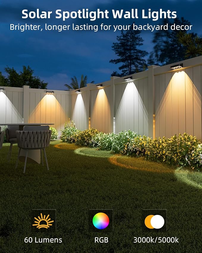 JOFIOS Solar Fence Lights Outdoor, 4 Pack, 9 Fixed Colors ＆ Color Changing Fence Lights Solar Powered Waterproof IP65 Dusk-to-Dawn LED Deck Lighting for Patio, Railing, Pool, Porch, Backyard, Wall