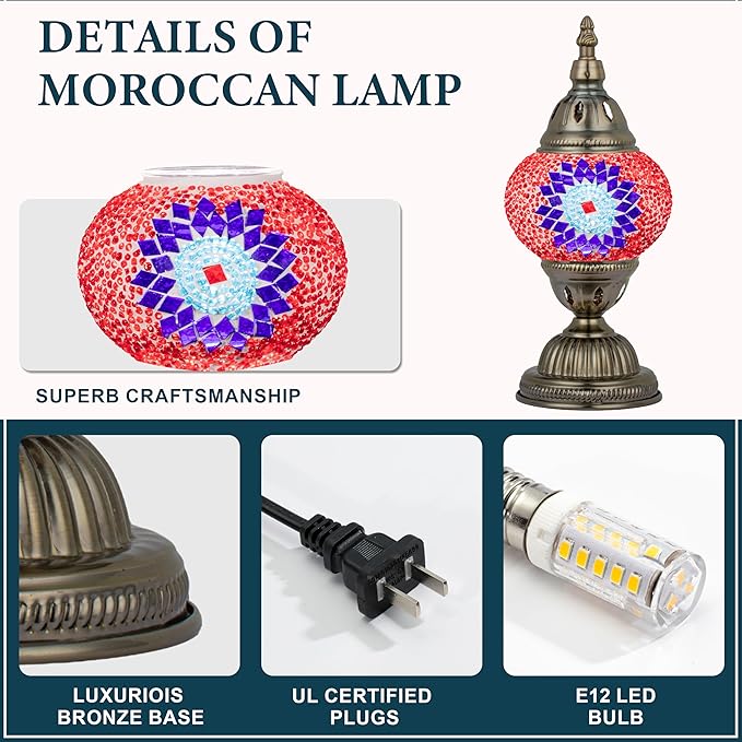 Marrakech Vintage Lamp Turkish Mosaic Lamps with Tiffany Style, Handmade Moroccan Table Lamps with Bronze Base Including LED Bulb for Living Room Bedroom Decor (Red)