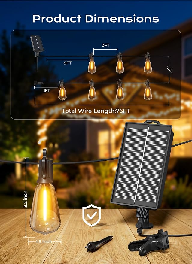 Brightown 76FT Solar String Lights Outdoor Waterproof, Patio Lights with Remote and 23+1 LED Shatterproof Bulbs, Dimmable & Timable, 3 Light Modes, Solar Lights Outdoor for Yard Camping Party Outside