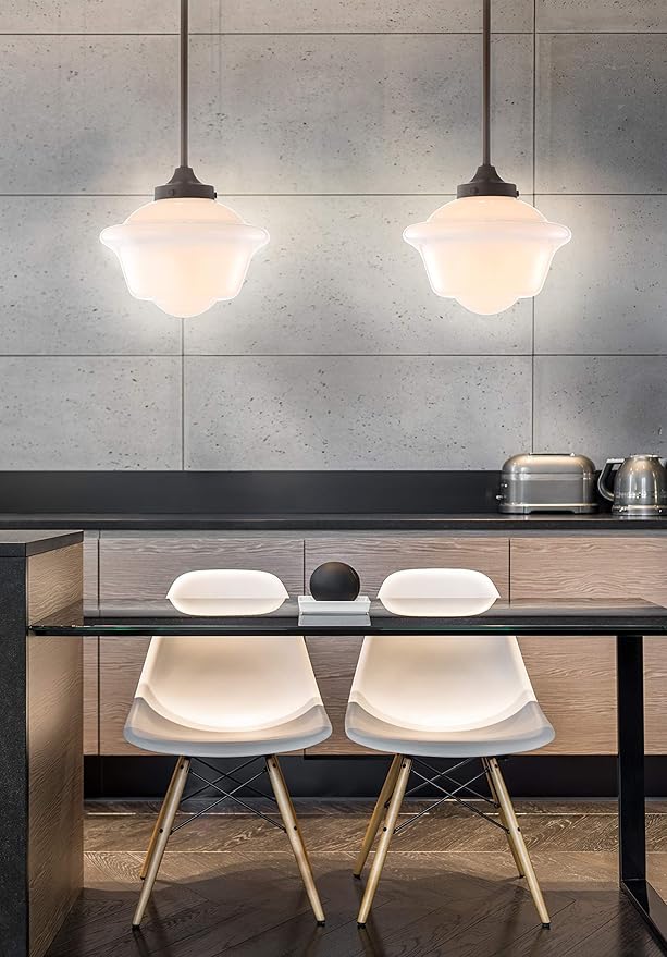 JONATHAN Y 9.5" Oil Rubbed Bronze Modern Schoolhouse LED Pendant Light Fixture, Adjustable Drop Metal Hanging Lamp with White Glass Shade for Kitchen Island, Dining Room, Foyer (JYL3517C)