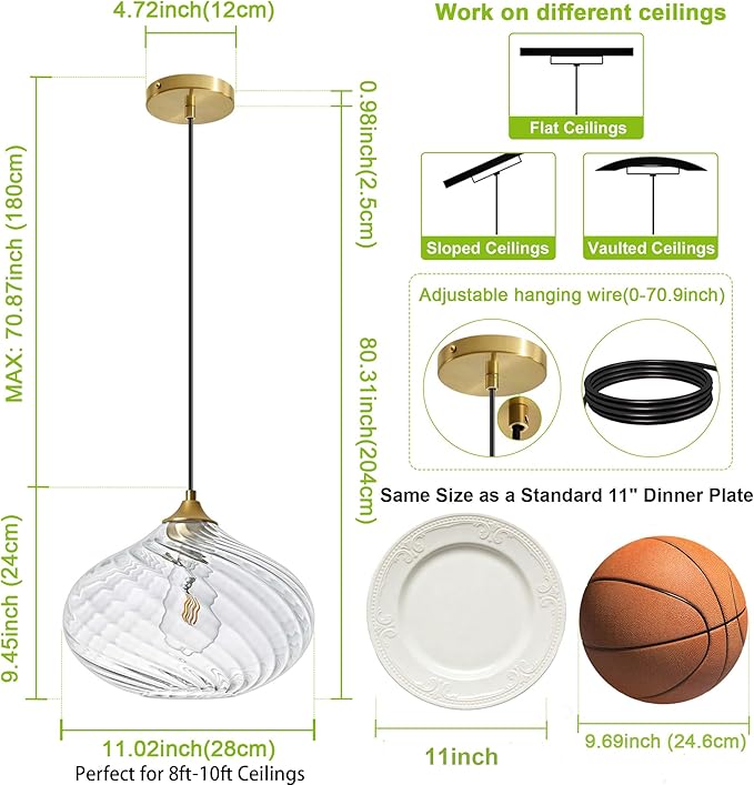 Glass Pendant Lights Kitchen Island, 11'' Brass Gold Pendant Lighting Fixtures, Modern Hanging Ceiling Light with Striped Clear Glass Shade for Farmhouse Dining Room Bedroom Hallway(1 Pack)
