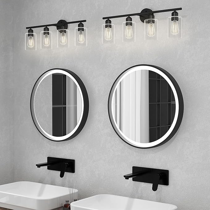 Espird 4 Light Bathroom Vanity Light Fixtures Black,Rustic Farmhouse Vanity Lighting Over Mirror Modern Industrial Lamp with Cylinder Glass Shade UL Certified