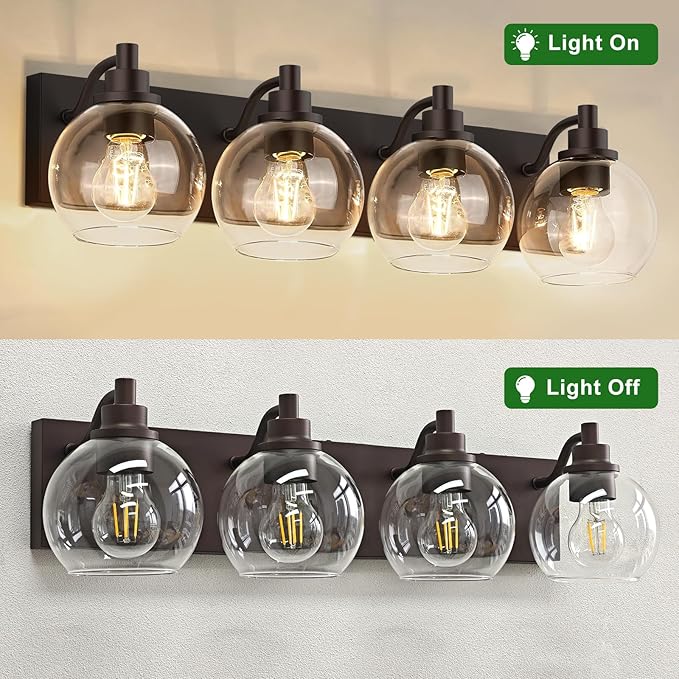 IZORRO Bathroom Light Fixtures, 4 Light Oil Rubbed Bronze Vanity Light, Modern Wall Sconces with Globe Clear Glass Shade, Vanity Lighting Fixtures Over Mirror,E26 Bulb Socket