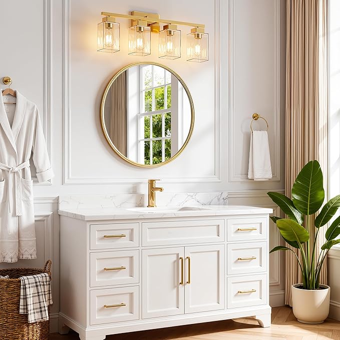 PARTPHONER 4-Light Bathroom Light Fixtures, Brushed Gold Modern Vanity Lights, Bathroom Lighting Fixtures Over Mirror, Square Design Farmhouse Wall Sconces with Clear Glass Shades
