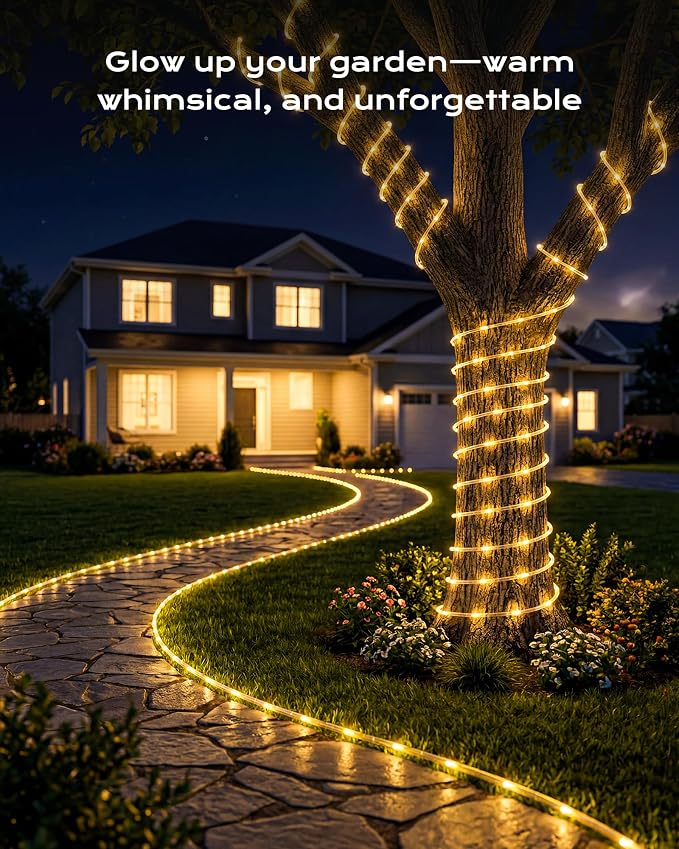 Brightown 2 Pack Solar Rope Lights, Total 78FT 200LED Warm White Solar String Lights Outdoor, IP65 Waterproof Solar Powered Fairy Lights with 8 Lighting Modes for Yard Garden Patio Tree Decoration