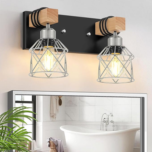 FadimiKoo Farmhouse Bathroom Light Fixtures, Rustic 2-Light Wood Vanity Lights for Bathroom, Industrial Black Silver Wall Lighting with Metal Shade for Bedroom, Living Room, Hallway