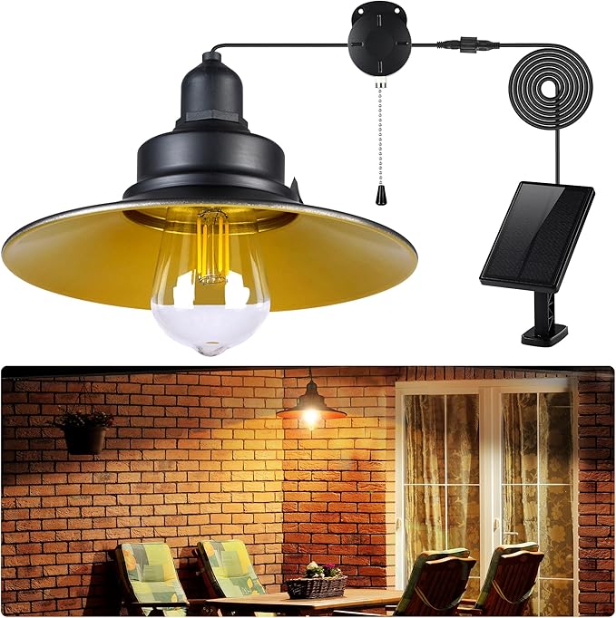 Solar Pendant Light Indoor Outdoor, Solar Shed Light IP65 Waterproof Metal Powered Hanging Chandelier, Gazebo Lights with Pull Cord for Garden, Chicken Coop, Gazebo, Barn