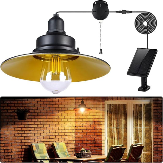 Solar Pendant Light Indoor Outdoor, Solar Shed Light IP65 Waterproof Metal Powered Hanging Chandelier, Gazebo Lights with Pull Cord for Garden, Chicken Coop, Gazebo, Barn