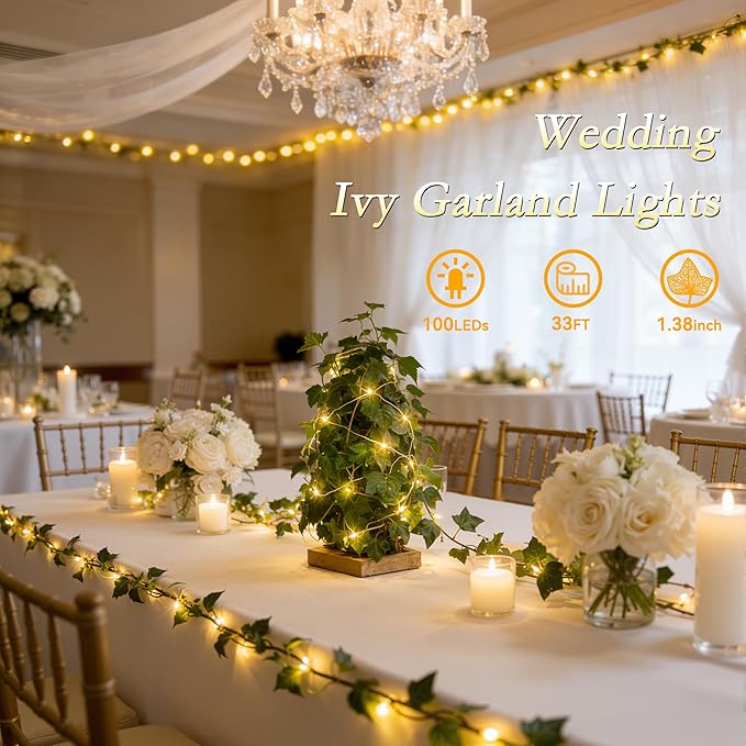 33FT Ivy Vines with Fairy Lights, IP44 Waterproof 100LED String Lights with 8 Modes & Timer, Battery Operated Artificial Greenery Garland for Aesthetic Bedroom Wall Decor, Party, Wedding