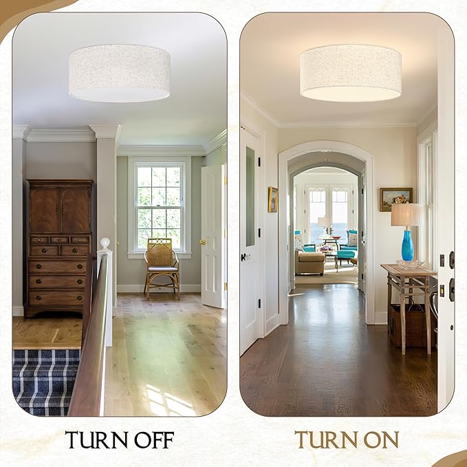 15.7 Inch Flush Mount Ceiling Light Gold Close to Lights Fixture with Fabric Shade 3-Light Drum Modern Lights for Dining Room Bedroom Hallway
