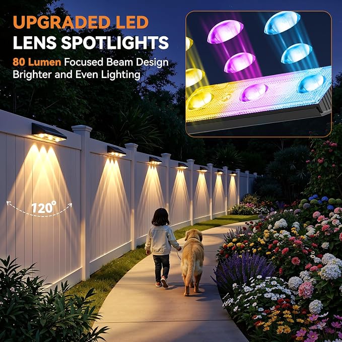 Solar Fence Lights Outdoor 10 Pack, Upgraded Brightness 3X LED Lens Fence Lights Solar Powered, 9 Fixed Colors & RGB Lights,IP65 Waterproof Solar Lights for Outside Backyard/Railing/Step/Patio