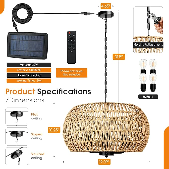 Solar Chandelier Outdoor 4-Light Rattan Chandelier Outdoor with Remote, Dimmable & Timer, Dual Power with USB, Boho Hanging Light for Porch, Gazebo, Patio, Pergola, Bulbs Included