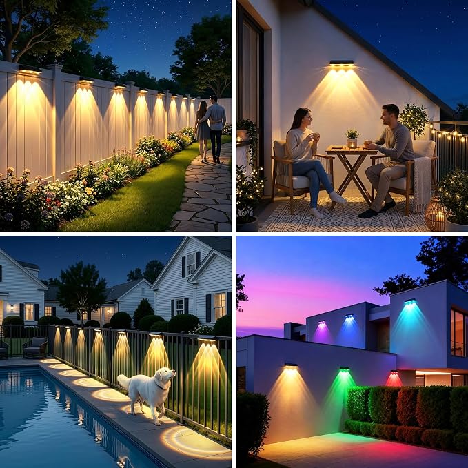 Solar Fence Lights Outdoor 6 Pack, Upgraded Brightness 3X LED Lens Fence Lights Solar Powered, 9 Fixed Colors & RGB Lights,IP65 Waterproof Solar Lights for Outside Backyard/Railing/Step/Patio