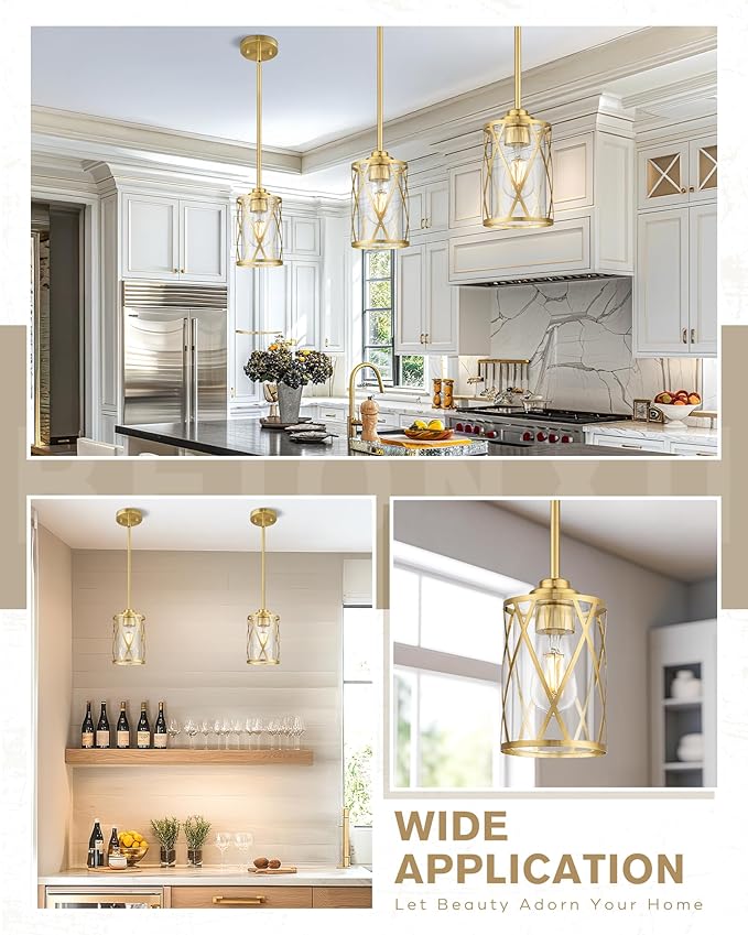 Beionxii 2 Pack Brushed Gold Pendant Lights Kitchen Island, Modern Kitchen Pendant Lighting Over Island, Farmhouse Industrial Cage Hanging Lighting with Clear Glass for Sink,Dining Room, BX-PL07BG-2PK
