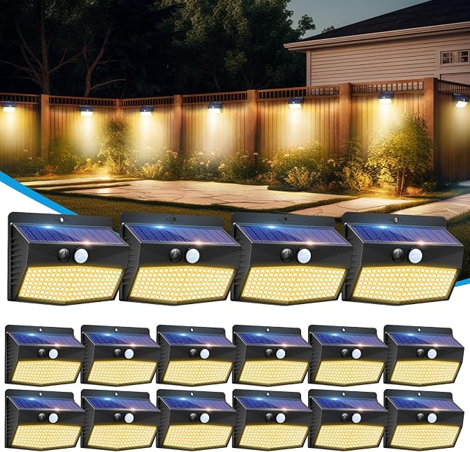 Peasur 16 Packs Solar Outdoor Lights Motion Sensor Solar Security Light Waterproof with 3 Lighting Modes Solar Powered Wall Lights Outside for Garden Fence Yard, Warm White