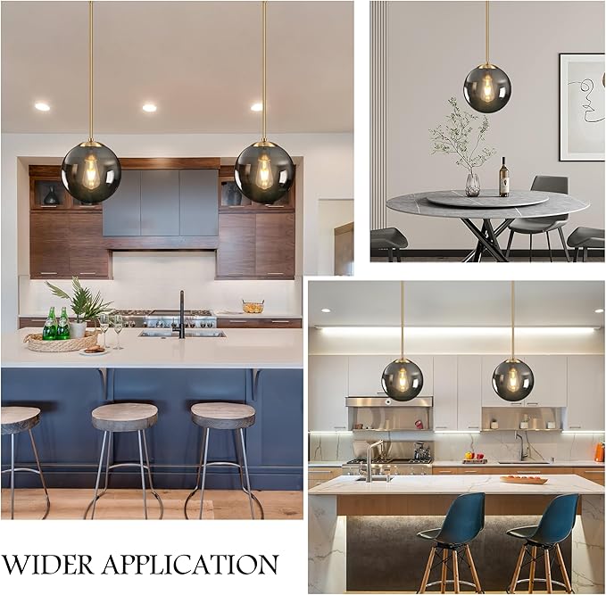 Bagood 10 Inch Globe Pendant Light Gold Globe Pendant Lights Kitchen Island Mid Century Light Fixture with Gray Clear Glass Contemporary Adjustable Hanging Lights for Dining Room (Bulb Included)
