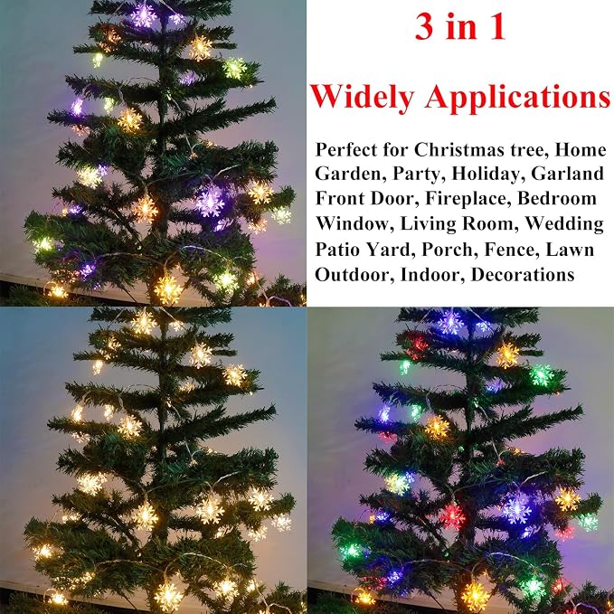 Christmas Decorations Snowflake Lights, 30ft 60 LEDs Snowflakes Christmas Lights Battery Operated String Lights with Remote for Xmas Tree Window Curtain Outdoor Indoor Winter Decor Multicolor