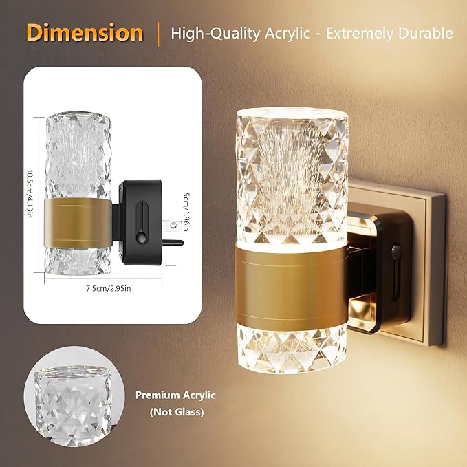 LED Night Lights Plug Into Wall, Dimmable Wall Night Lights 3000K 0-100LM Adjustable Nightlight with Gold Ambiance Lighting for Bathroom, Kitchen, Hallway, Bedroom 2 Pack