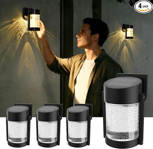 PEVOROS 4 Pack Solar Fence Lights Outdoor, Crackled Glass Wall Light for Porch, Fence, Shed, Barn, Patio, Glass Crackle Lampshade with Warm LED Light