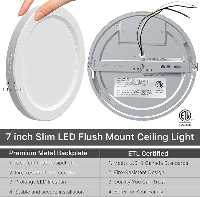 7 inch Round Dimmable LED Flush Mount Ceiling Light 0.63" Ultra-Thin 5000K Daylight White 12W Ceiling Light for Kitchen Bedroom Living Room Hallway Bathroom ETL Certified 24-Pack