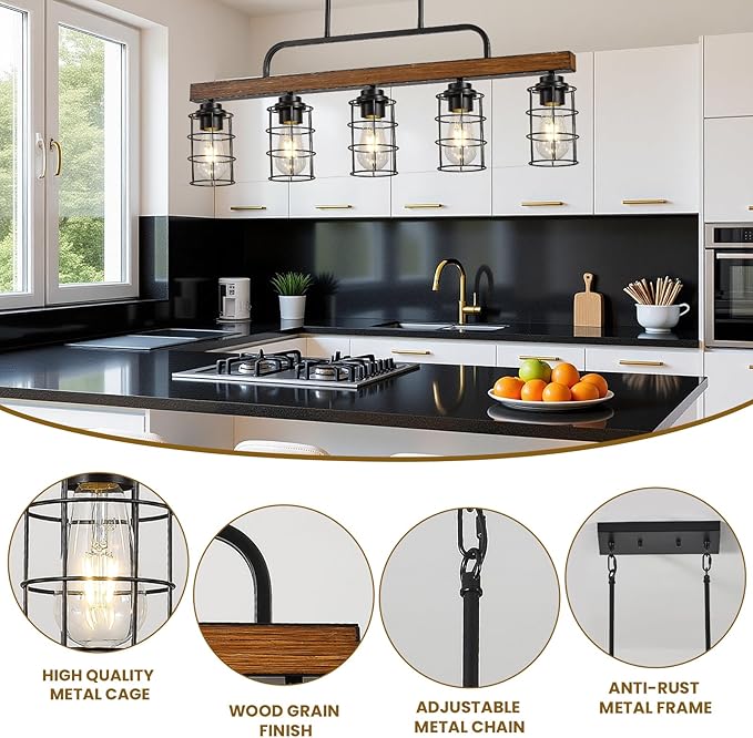 5-Light Farmhouse Walnut Chandelier for Dining Room, Black Kitchen Island Light with Rust-Proof Metal Frame & E26 Base, 49" Height Adjustable Pendant Light Fixture Over Table & Bar