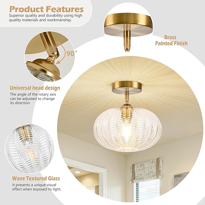 Bagood Gold Semi Flush Mount Ceiling Light Fixture Vintage Ceiling Light Fixture Farmhouse Globe Glass Mid Century Textured Glass Hallway Fixture for Bathroom Entryway (Bulb Incl.)