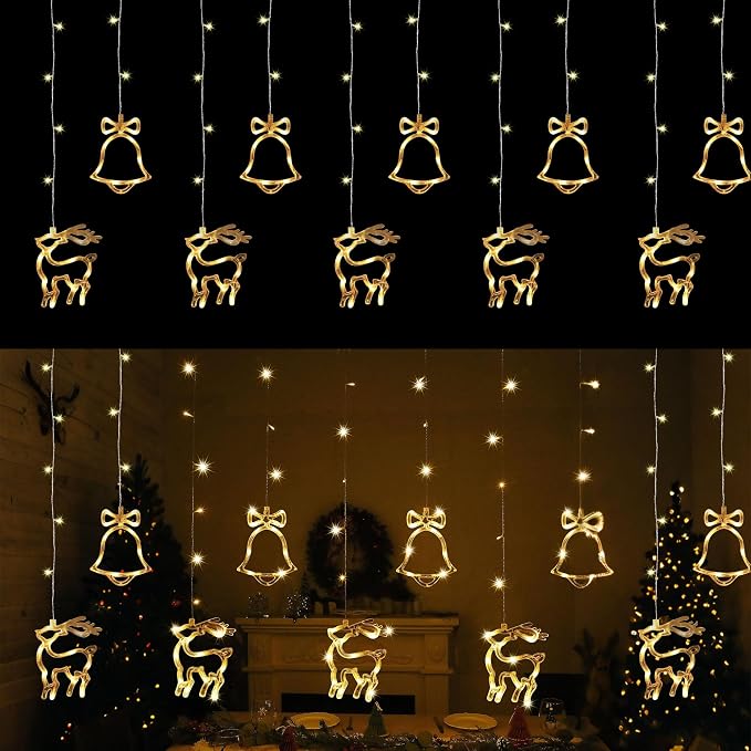 180 LED Christmas Curtain String Lights, 8.3 FT Linkable Warm White Window Fairy Lights with 12 Reindeer & Bell Pendants, 8 Modes Waterproof for Xmas Tree Holiday Party Decorations