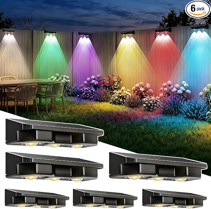 Solar Fence Lights Outdoor 6 Pack, Warm White & 8 Colors & RGB, IP65 Waterproof LED Deck Light, Dusk to Dawn Fence Lights Solar for Wall, Railing, Step, Patio, Pool, Backyard, Outside