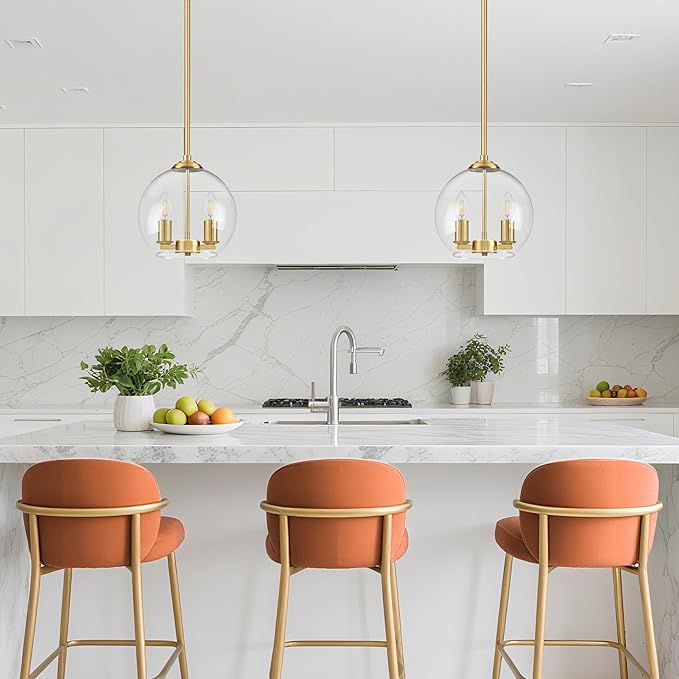 10" Gold Pendant Lights 2 Pack Glass Globe Pendant Light Fixture Bedroom Mid Century Modern Pendant Lighting Brass Pendant Light for Kitchen Island Bedroom Living Room (Bulb Incl.)