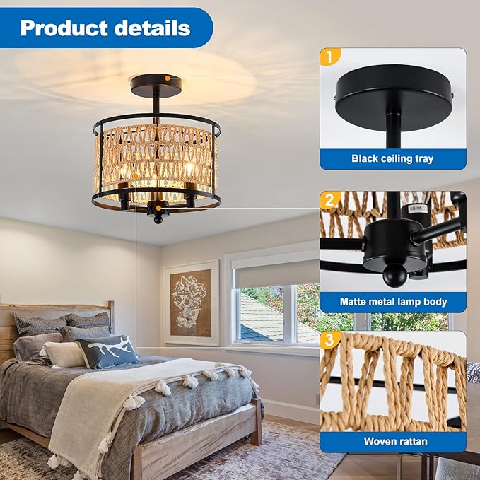 3 Light Rattan Ceiling Light Fixture 11inch Boho Semi Flush Mount Ceiling Light Black Hand-Woven Cage Wicker Chandelier for Farmhouse Bedroom Hallway Entryway Kitchen