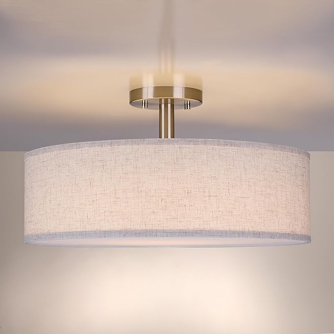 18 Inch Drum Brushed Nickel 4 Light Semi Flush Mount Close to Ceiling Light Fixture,Linen Fabric Shade for Bedroom,Living Room,Dining Room Hallway