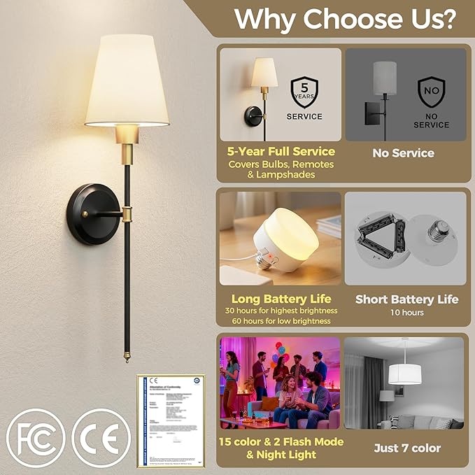 DORESshop Battery Operated Wall Sconce Set of 2, Wireless Wall Light Easy to Install, 7 Color Rechargeable Wall Sconces, Sconce Wall Decor Set of 2 for Bedroom, Living Room, Gold and Black, 24.6in