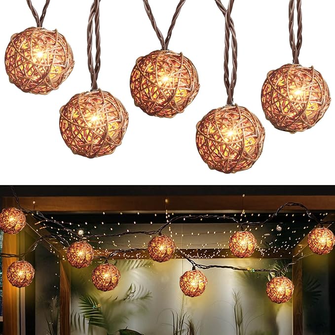 LIDORE Rattan Christmas String Lights, 10 Counts Mini Natural Globe Rattan Ball, Wicker Lights for Patio, Wedding, Garden, Party, Home Decor, Indoor Outdoor use, 7.92Ft (Rattan + Brown Cord)