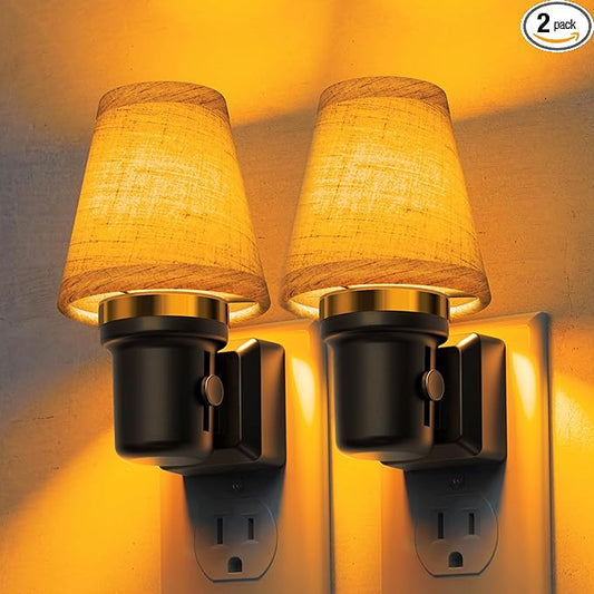 L LOHAS LED Night Lights Plug into Wall, 2 Pack Linen Fabric Round Platform Decor Night Light, Dusk to Dawn Sensor Vintage Nightlight, Amber Warm 0-100LM Dimmable, for Bedroom Living Room Hallway