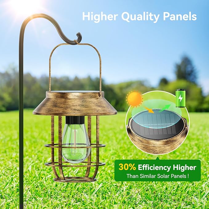 Ahaorigin 2 Pack Solar Lanterns Outdoor Waterproof, High Brightness Hanging Solar Lights for Outside with Wall Hooks, Retro Metal Outdoor Lanterns Auto On/Off for Garden, Porch, Patio, Yard Decor