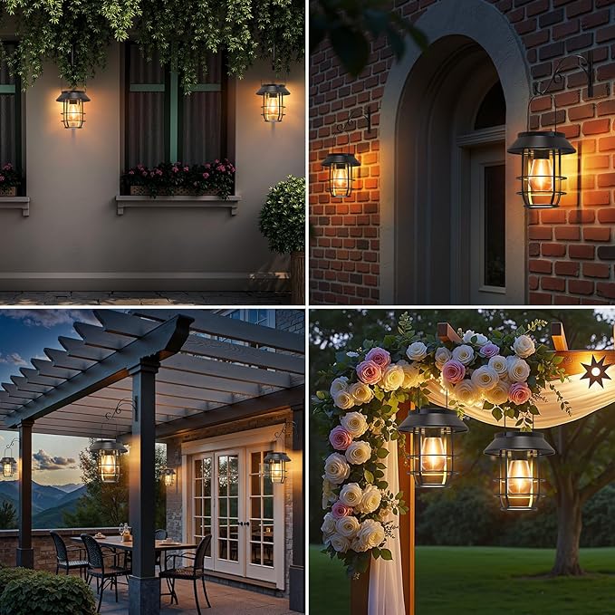 Solar Lanterns Outdoor Waterproof, High Brightness Hanging Solar Lights for Outside with Wall Hooks, Halloween Decor Retro Metal Outdoor Lanterns Auto On/Off for Patio, Yard Decor, Black, 4Pack