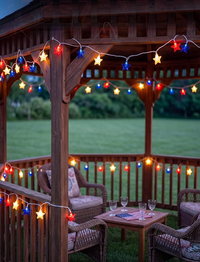 10 LED Red White Blue Star String Lights Outdoor, 8.5Ft 4th of July Decorations Lights Waterproof, Connectable Plug in Patriotic Star Fairy Lights for Home Patio Independence Day Memorial Day Flag Day
