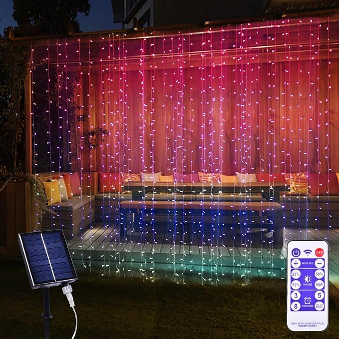 300 LED Solar Curtain Lights USB & Solar Dual Powered 8 Modes Waterproof Fairy Window Lights Twinkle for Home Indoor Outdoor Use Patio Christmas Decoration (Multi-Colored)