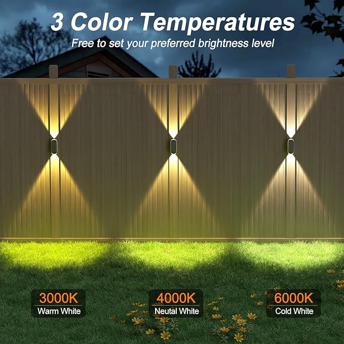 Ellasay Solar Fence Lights Outdoor: 6-Pack Solar Powered Wall Lights Up and Down Waterproof IP65-3 Color Brighter LED Focus Lens SolarLights Dusk to Dawn 12h for Patio/Backyard/Porch/Railing