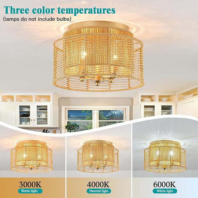 hesoge Boho Rattan Semi Flush Mount Ceiling Light Vintage Gold Ceiling Light Fixture 4 Light Round Chandelire for Farmhouse Bedroom Entryway Kitchen Foyer Dining Room