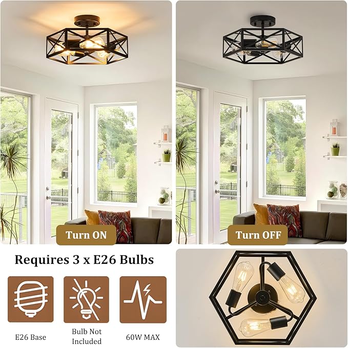 Modern Farmhouse Semi Flush Mount Ceiling Light,Industrial Black Ceiling Lighting Fixture,Hexagonal Close to Ceiling Lights for Kitchen, Hallway,Bedroom,Foyer,Dining,Laundry Room,14.6 Inch