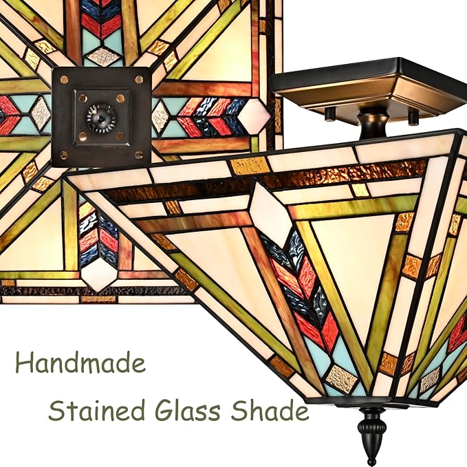 DANSEER Stained Glass Ceiling Light 3-Light Tiffany Style Semi Flush Mount Light Vintage Ceiling Light Fixture with Glass Copper Shade for Hallway Bedroom Living Room Entryway