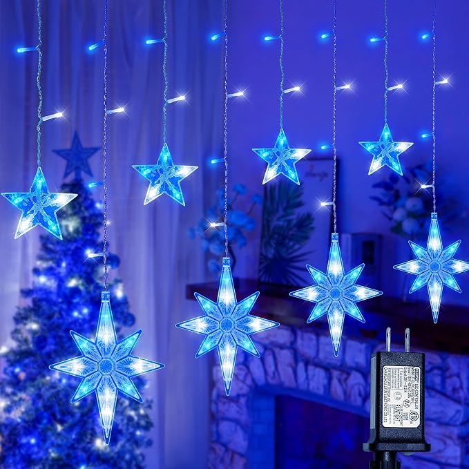 Star Icicle Lights Outdoor,126 Led 12 Star Hanging String Light with 8 Modes,Waterproof Connectable Fairy Star Window Lights for Bedroom,Wall,Wedding,Party,Brithday,Christmas Decor,Blue White