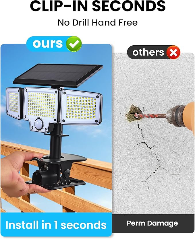 LUHLEE Clip On Solar Lights Outdoor, 275 LED 3000LM Solar Motion Lights with Remote Control, 3-Head Security Lights, IP65 Waterproof Solar Flood Lights for Deck, Garage & Outdoor Area Lighting (2)