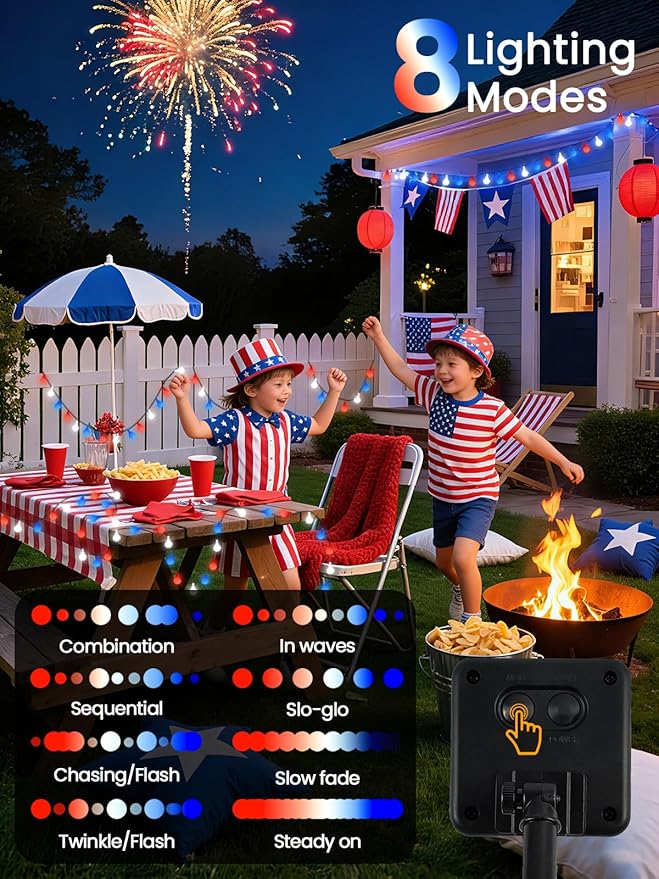 2-Pack 80 LED Red White and Blue Solar String Lights Outdoor - Waterproof 39FT Globe LED Solar Patriotic American Flag Lights with 8 Modes, 4th of July Decorations for Independence Day Memorial Day
