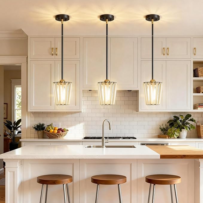 Crystal Pendant Lights Kitchen Island 3 Pack, Modern Black Gold Pendant Light Fixtures Mini Adjustable Chandeliers for Kitchen Island Dinning Room Bedroom Hallway with E26 Base (Bulbs Not Included)