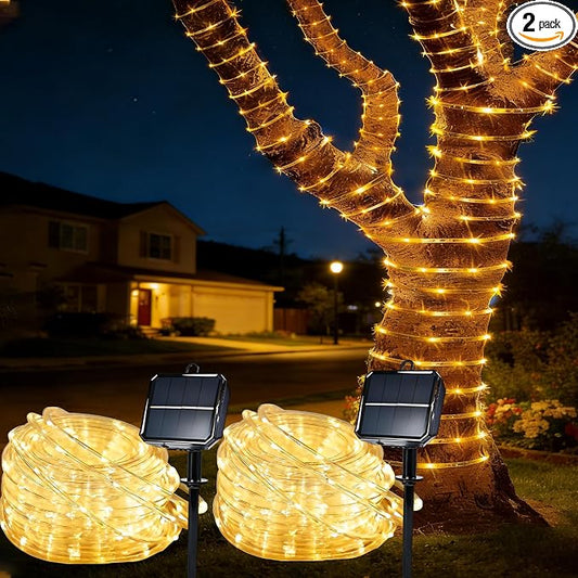 Solar Rope Lights for Outside, 2 Packs Total 132ft 400 LED Solar String Lights with 8 Modes, Waterproof Solar Outdoor Light for Patio Garden Party Tree Porch Holiday Xmas Decor - Warm White