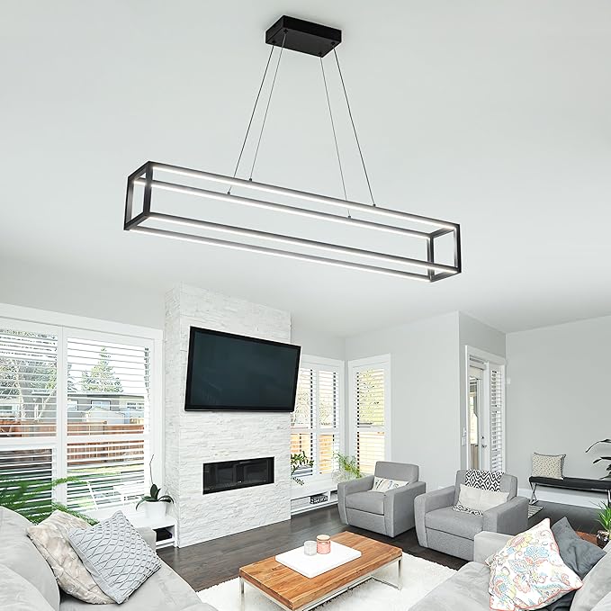 Modern LED Chandelier Linear Rectangle Chandelier Dimmable 39" Kitchen Island Lighting,Black Contemporary Hanging Linear Led Pendant Light Fixture for Kitchen, Dining Room