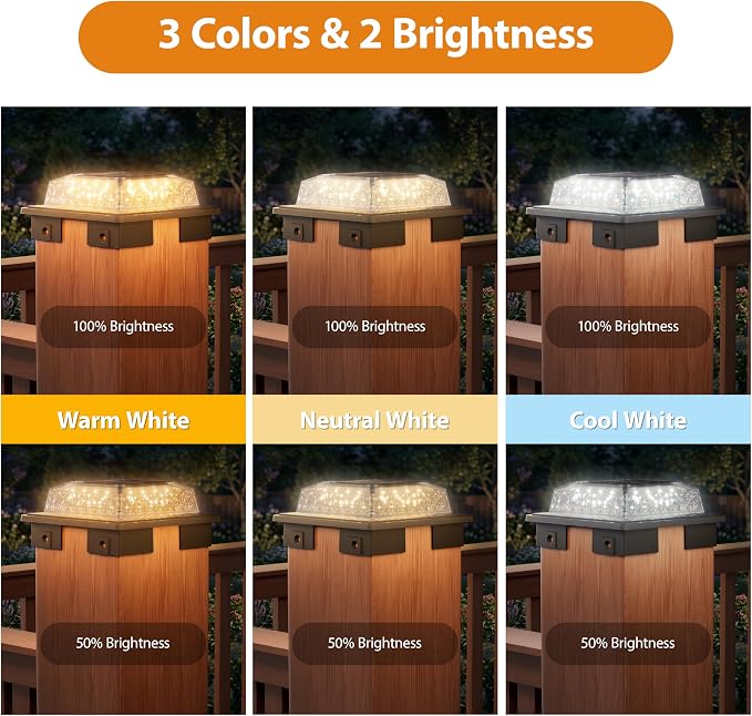 APONUO Solar Post Cap Lights, 3 Color Modes & 2 Brightness, Adjustable Base Fits 4x4 5x5 6x6 Posts (3.5-5.5 Inch), IP65 Waterproof, Deck & Fence Post Lights Solar Powered with Screws, Black, 4 Pack